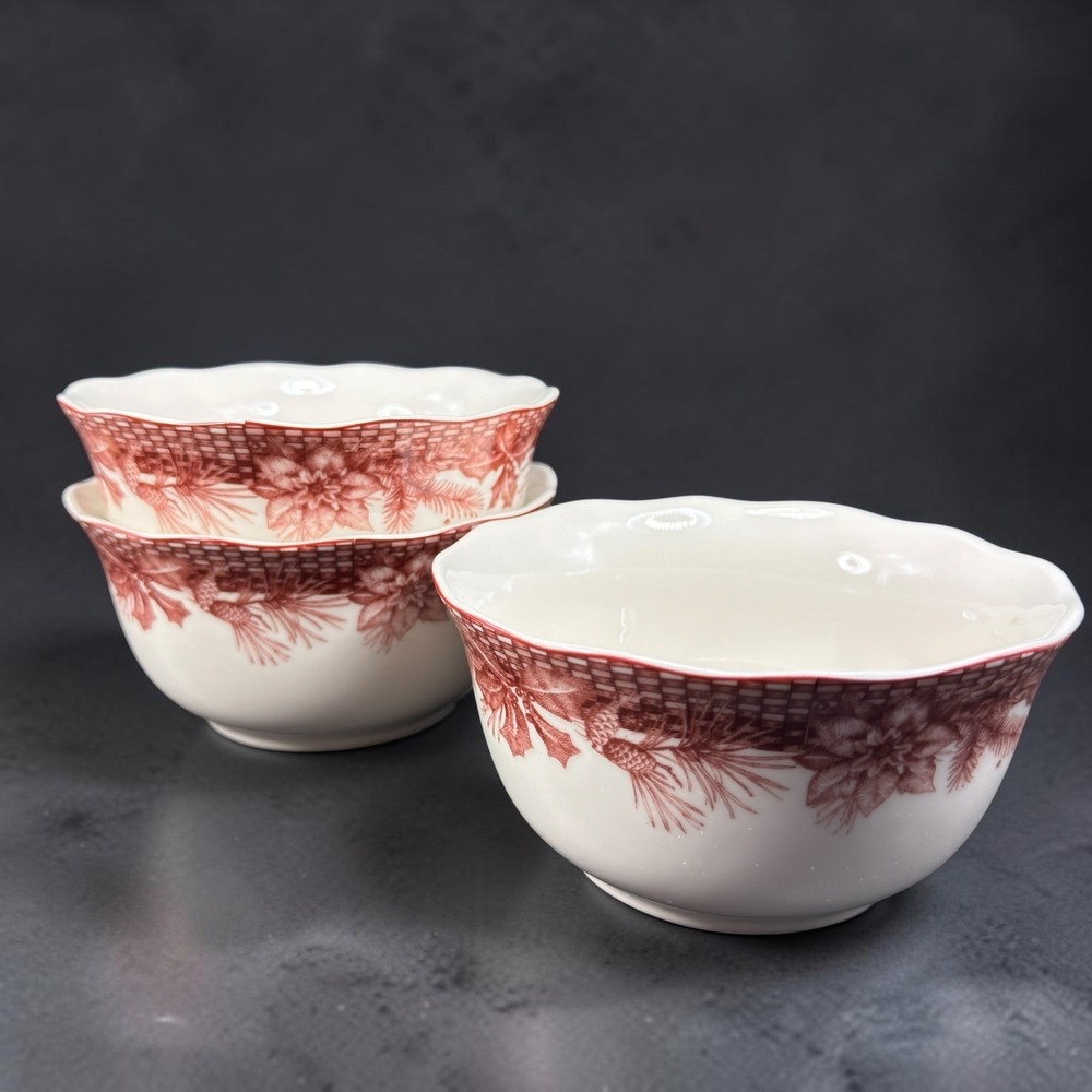 222‎ Fifth Poinsettia Toile Fine China Cereal Bowls Red White Set of 3 Holiday